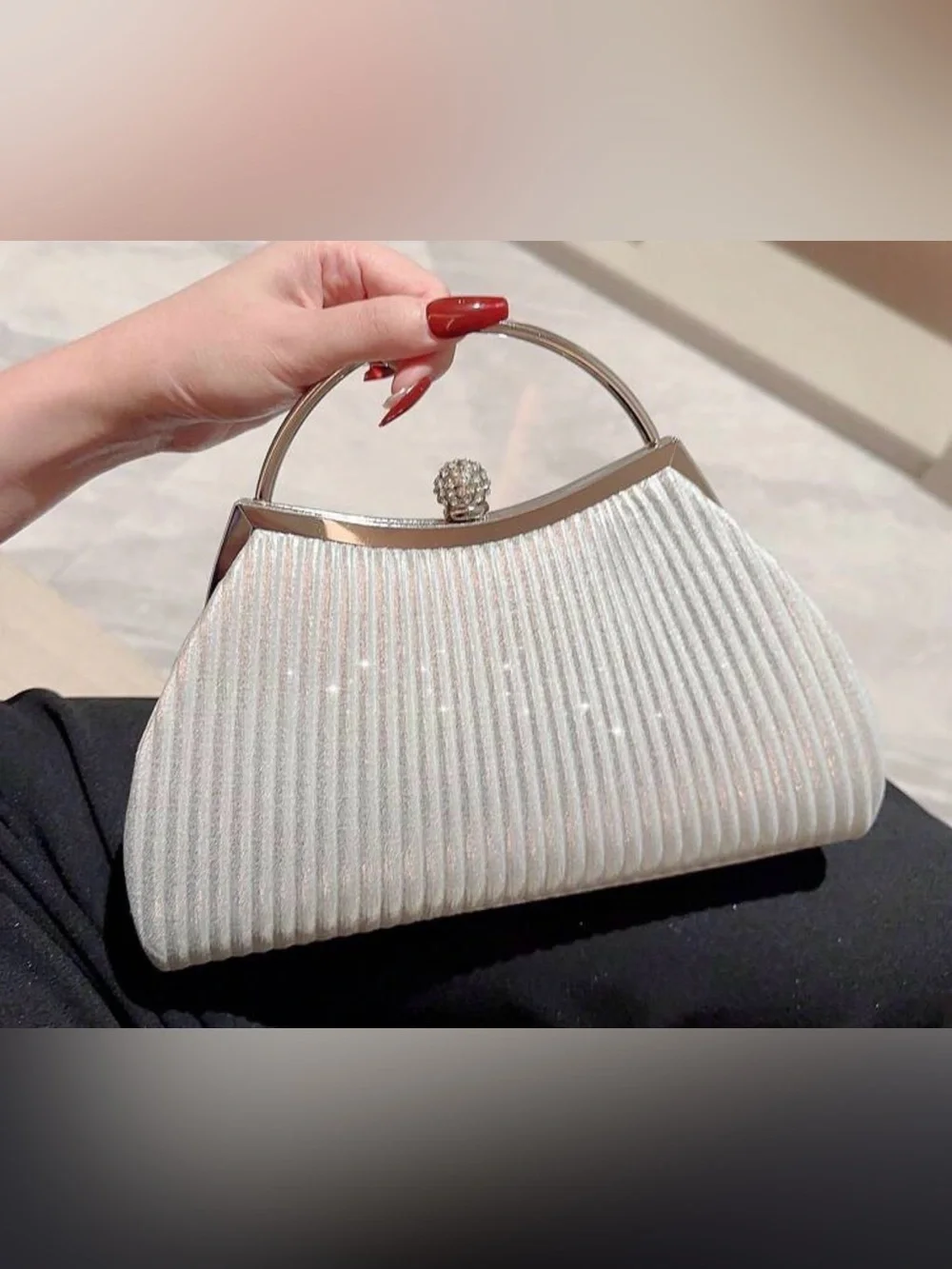Elegant Ivory Pleated Evening Handbag with Crystal Button